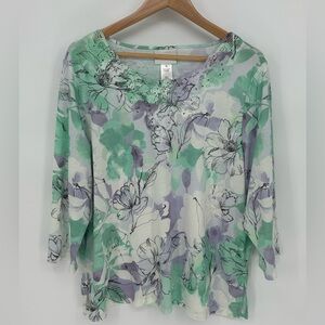 Alfred Dunner Floral Blouse Green Purple with 3/4 Sleeve and Sequins Size XL